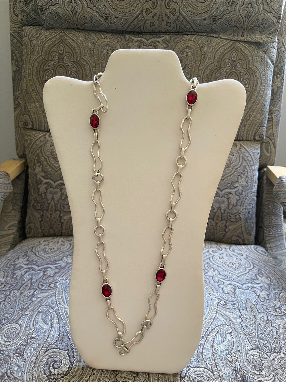 Silver Plated Link Necklace with Red Gem Accents